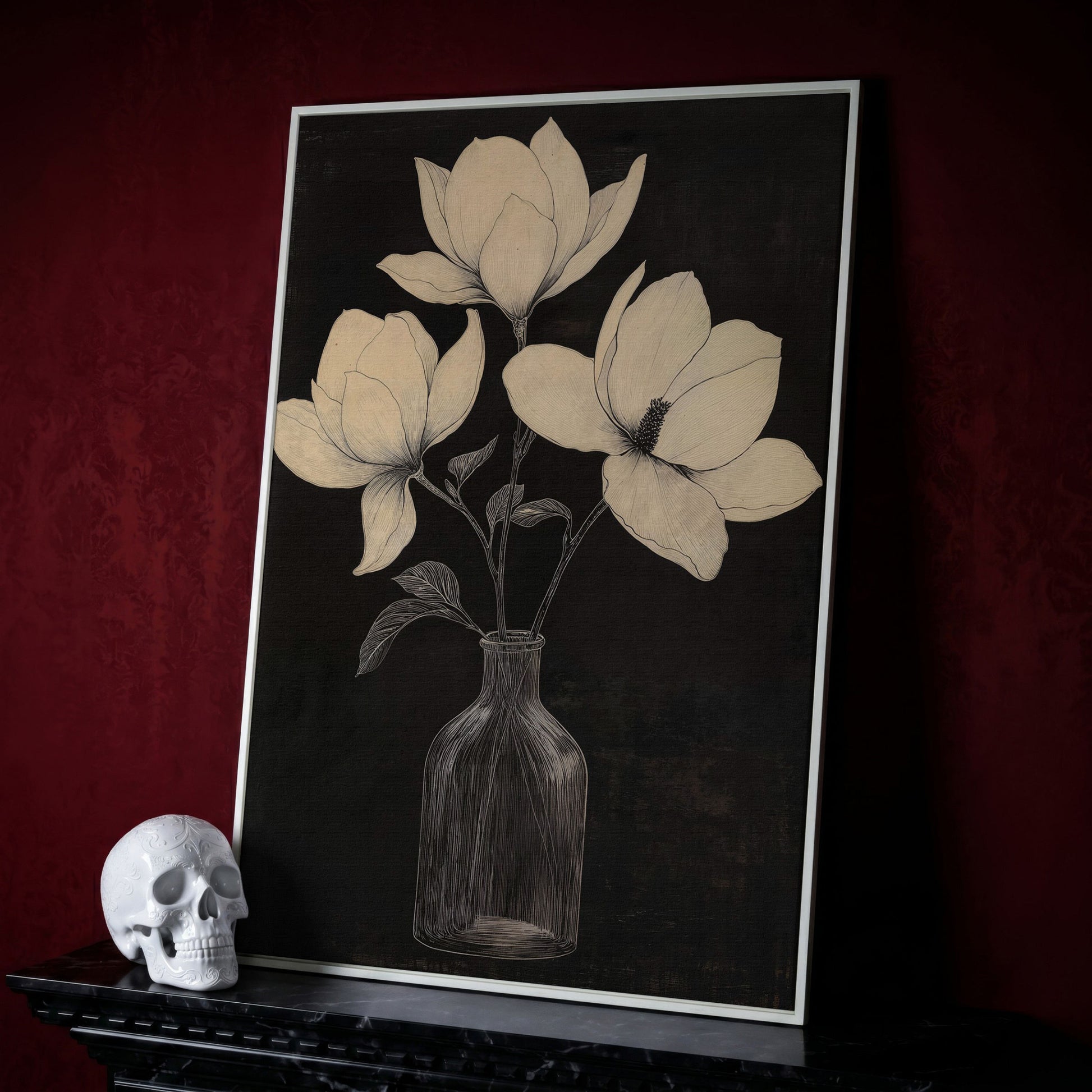 Magnolia & Vase Black and White Canvas in white floating frame