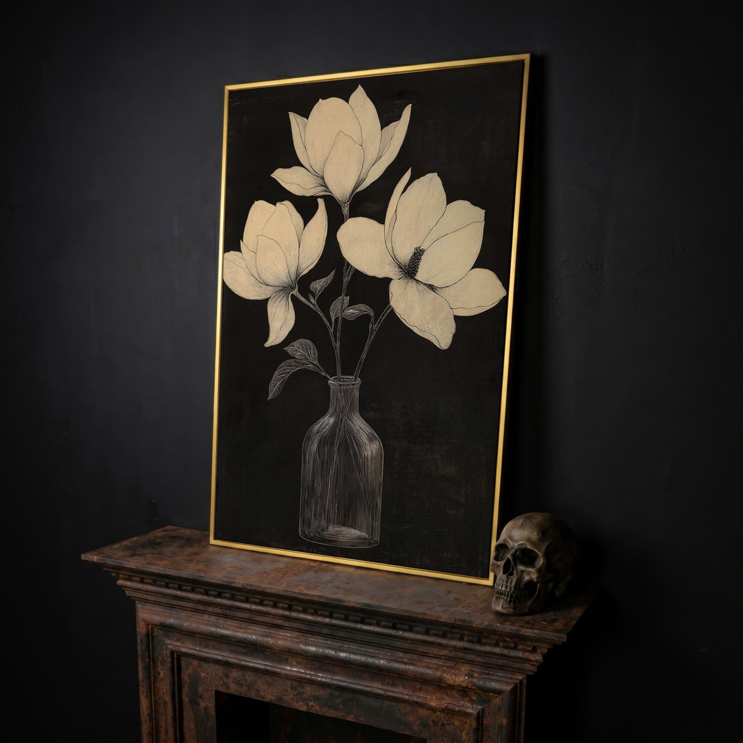 Magnolia & Vase Black and White Canvas in yellow gold floating frame