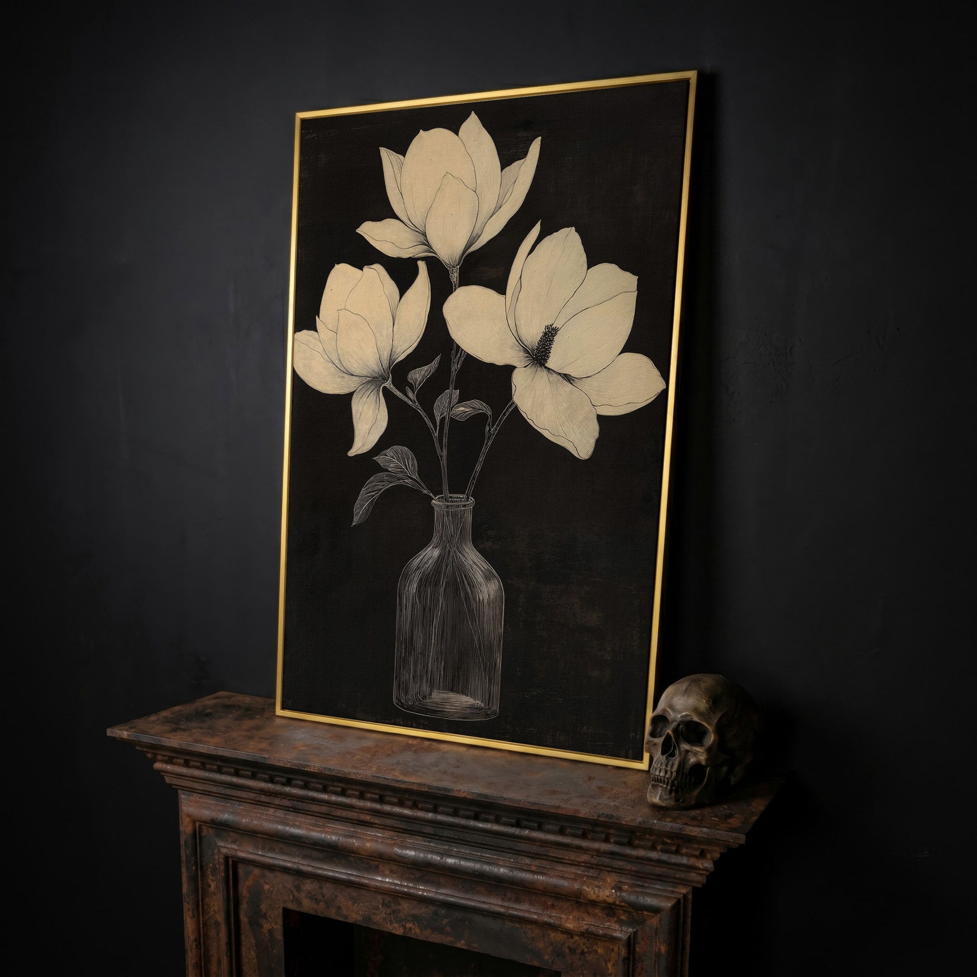 Magnolia & Vase Black and White Canvas in yellow gold floating frame