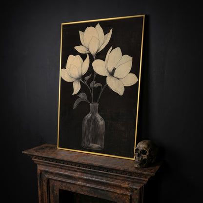 Magnolia & Vase Black and White Canvas in yellow gold floating frame