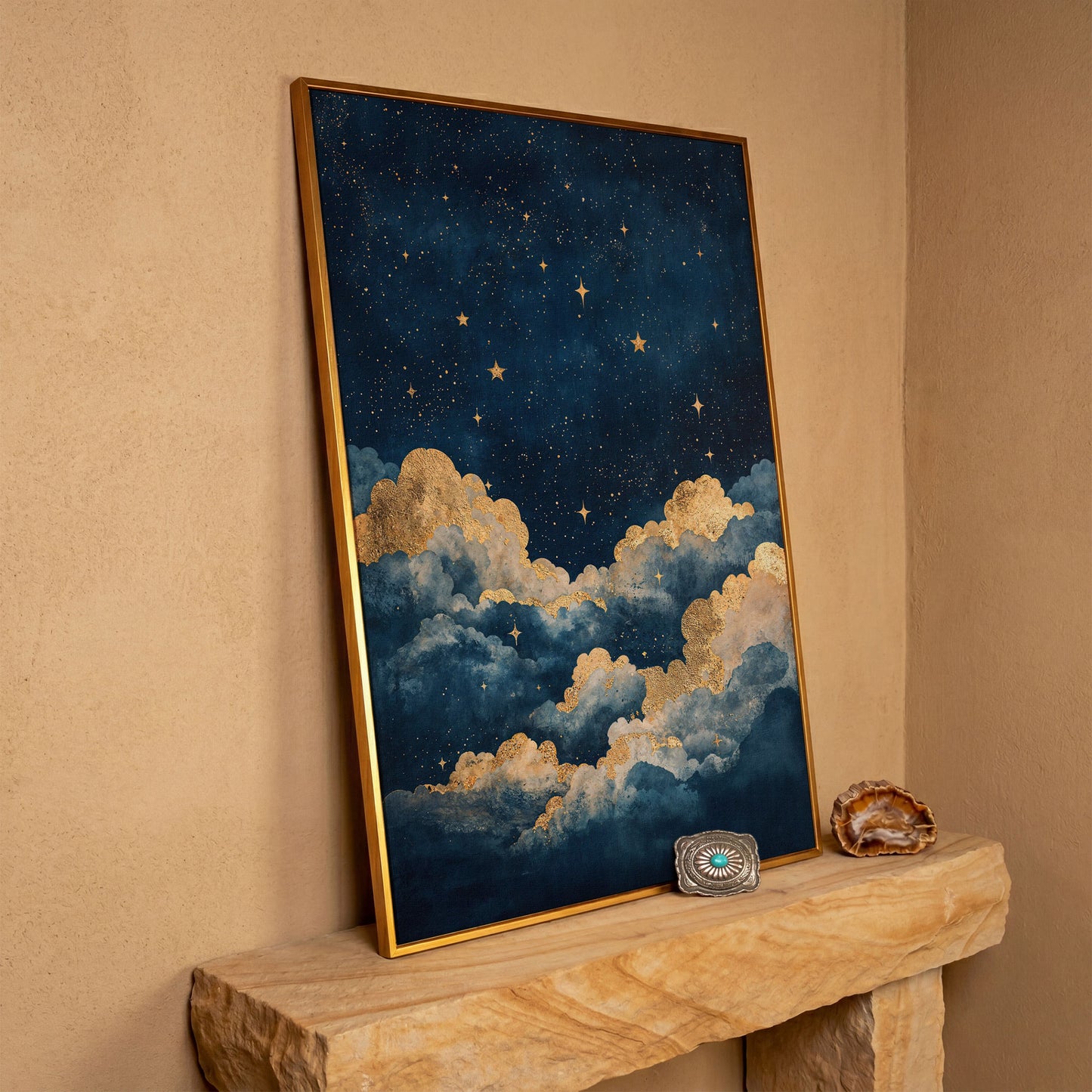 Celestial Night Sky Canvas Print with Gold Stars in antique gold floating frame