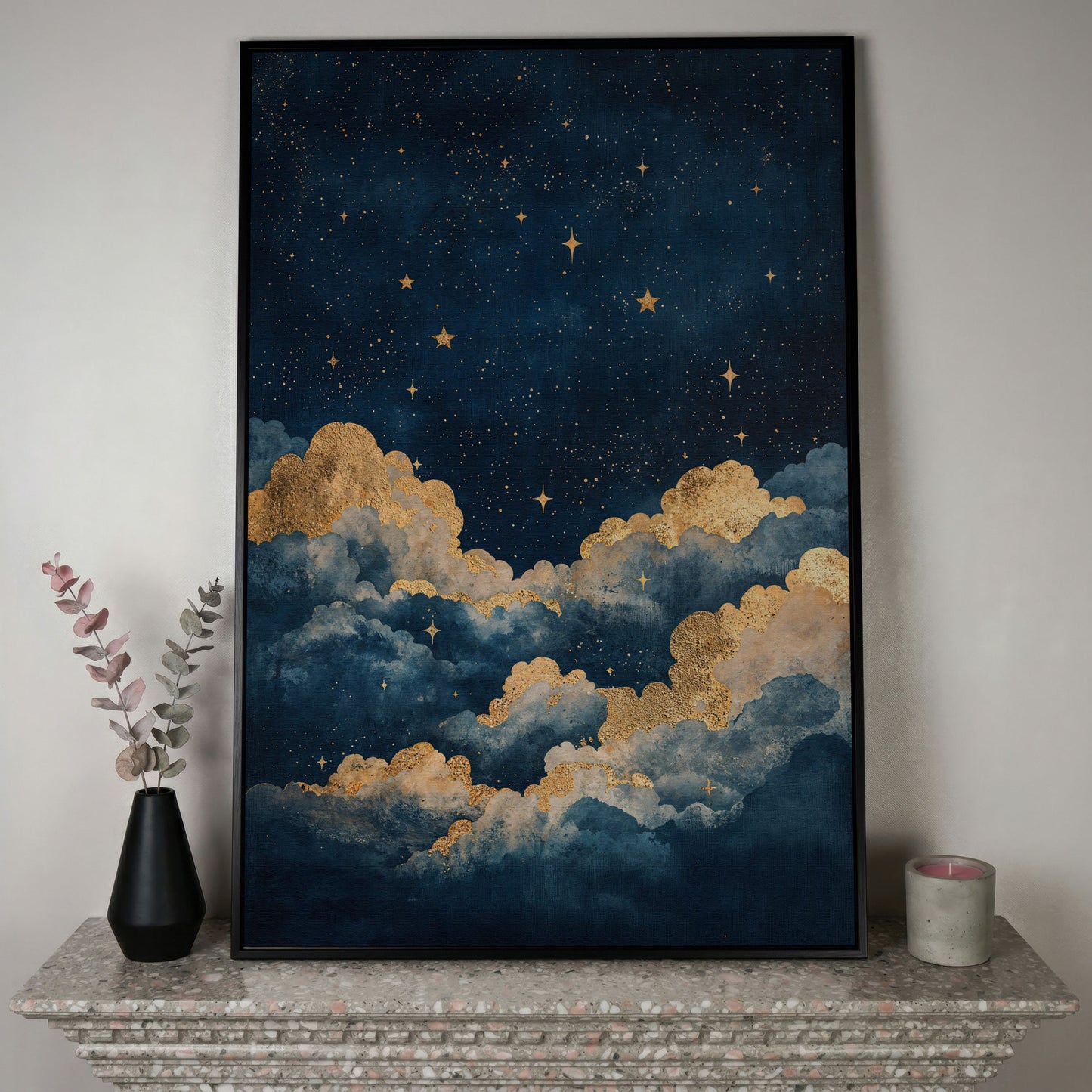 Celestial Night Sky Canvas Print with Gold Stars in black floating frame