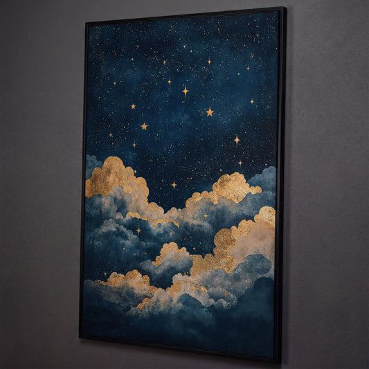 Celestial Night Sky Canvas Print with Gold Stars shown in black floating frame