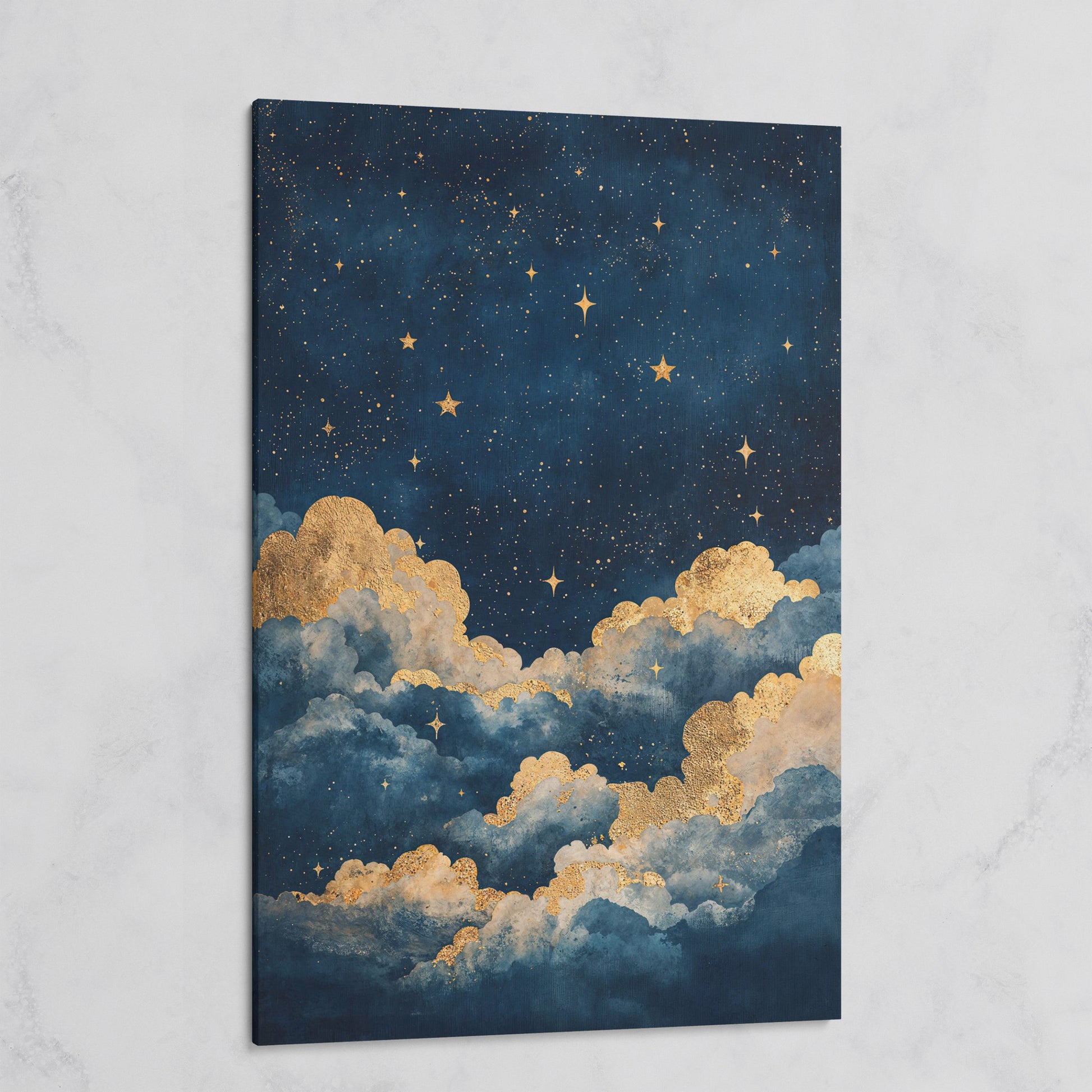 Celestial Night Sky Canvas Print with Gold Stars on gallery wrap
