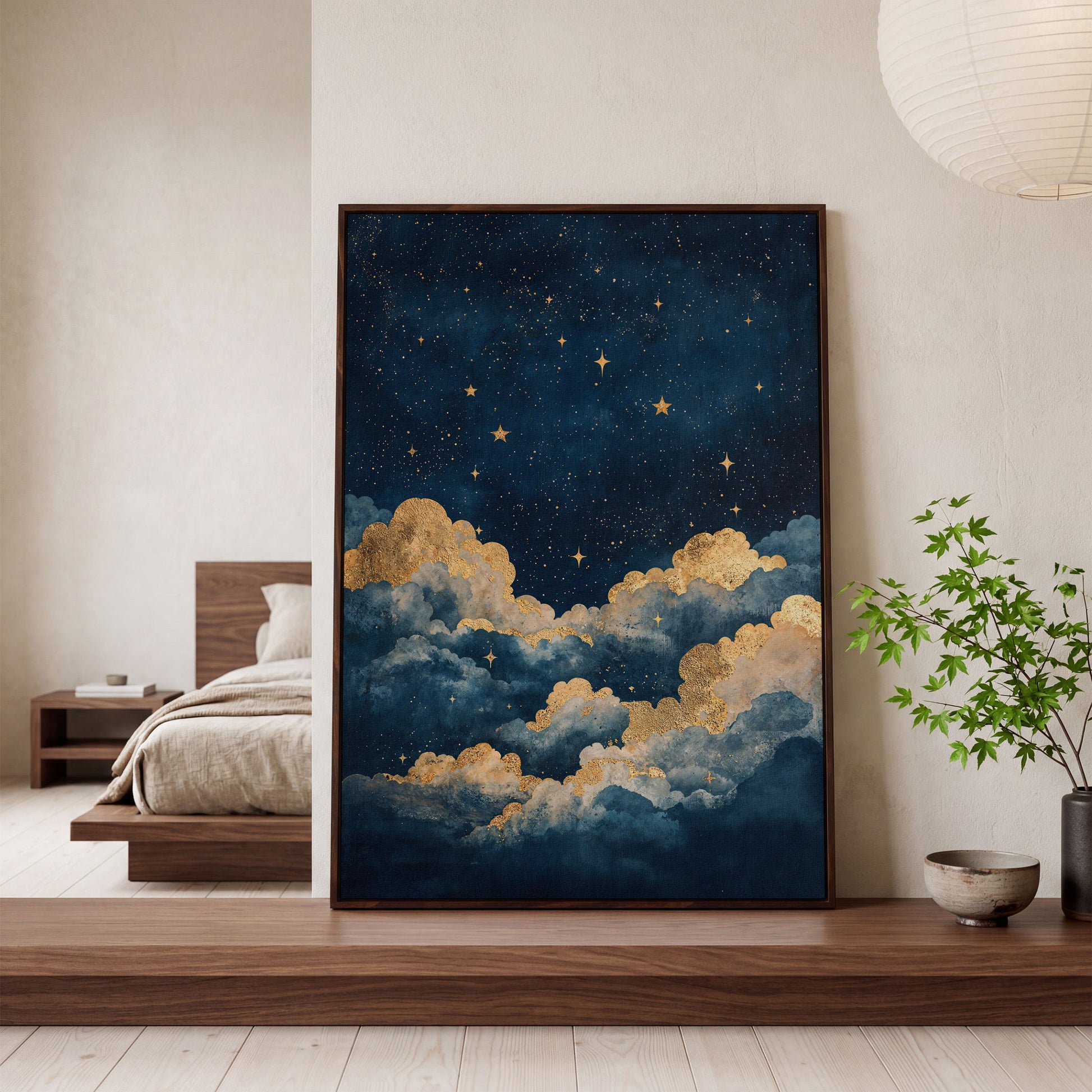 Celestial Night Sky Canvas Print with Gold Stars in dark walnut floating frame