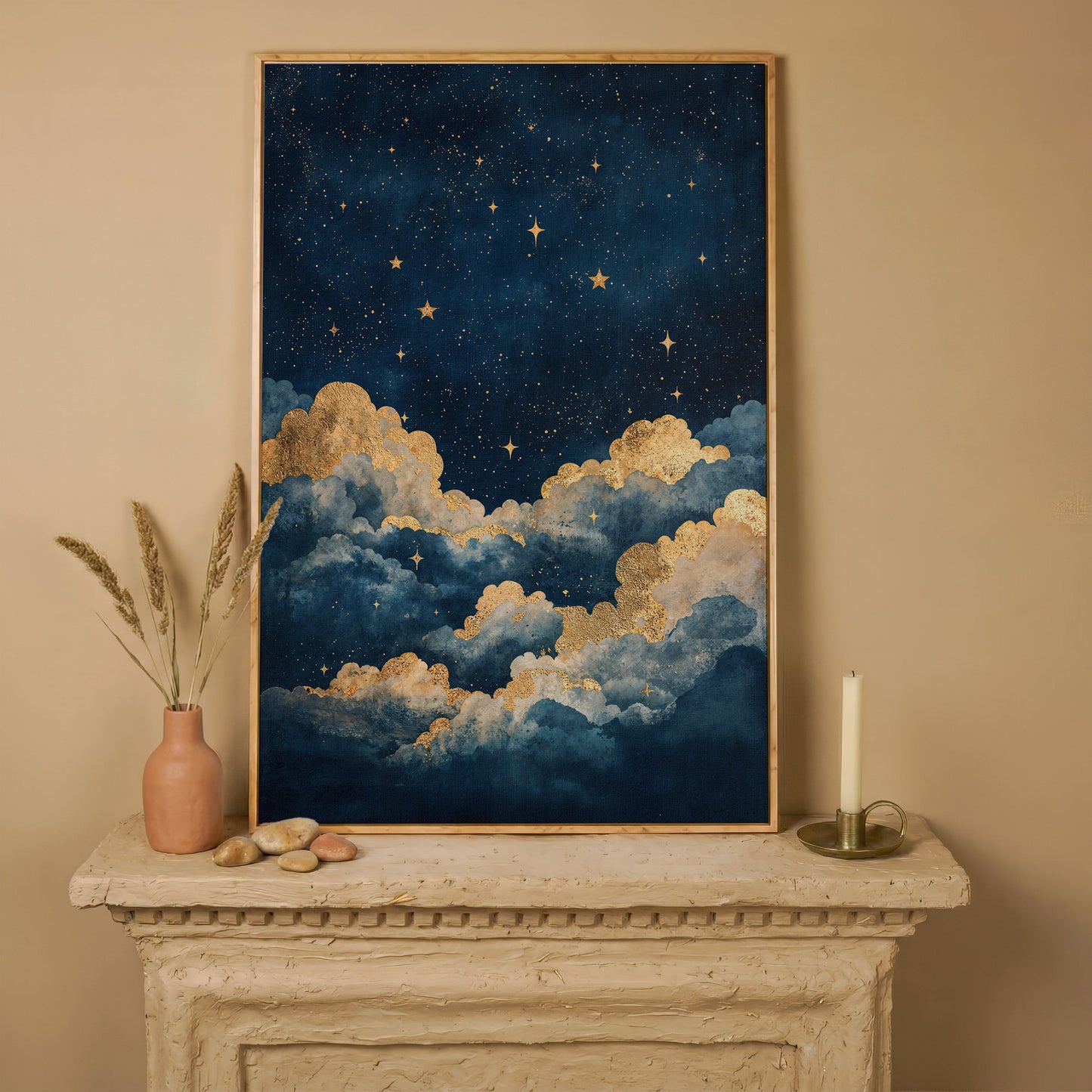 Celestial Night Sky Canvas Print with Gold Stars in white oak floating frame
