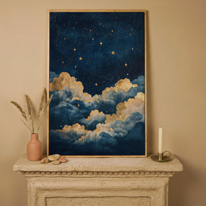 Celestial Night Sky Canvas Print with Gold Stars in white oak floating frame