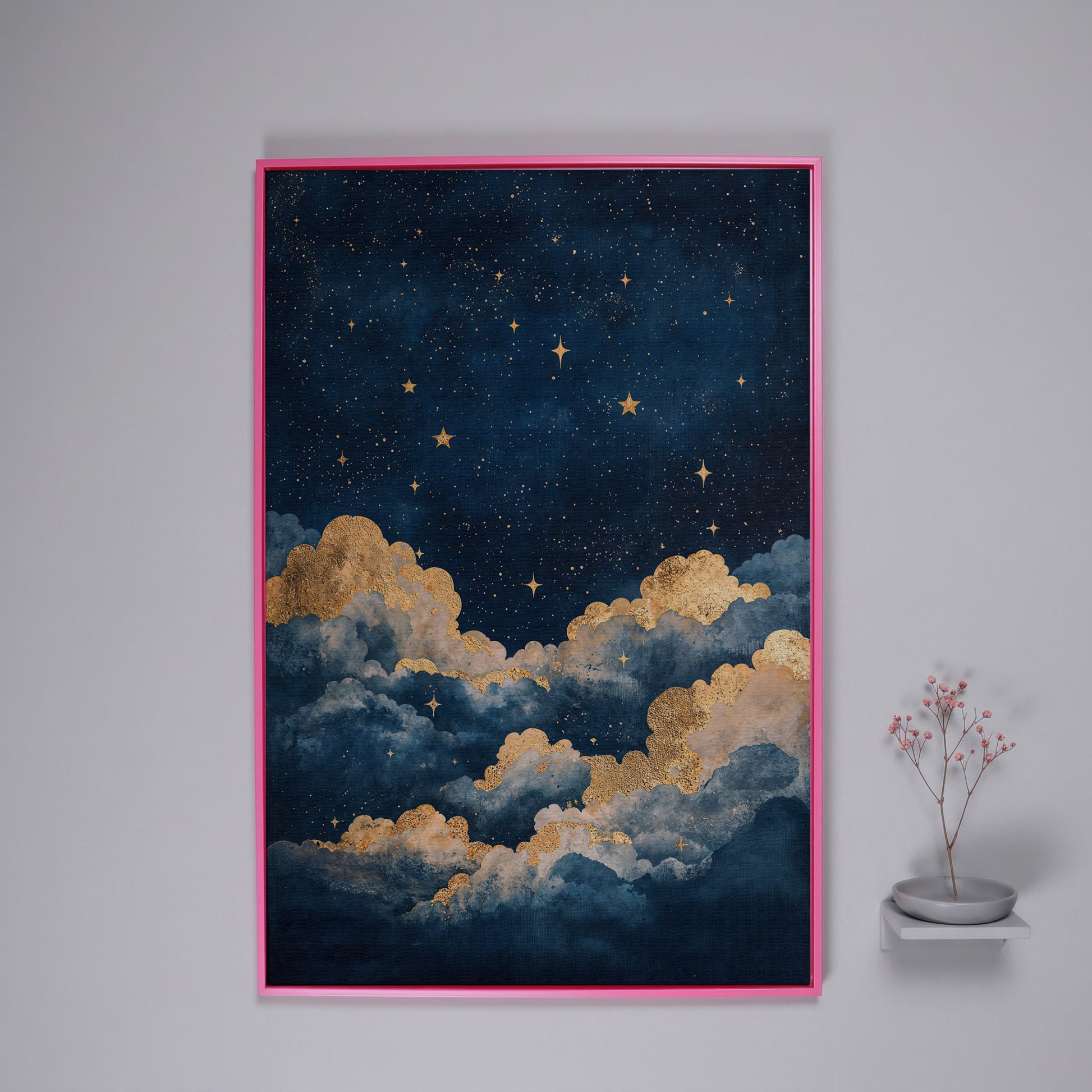 Celestial Night Sky Canvas Print with Gold Stars in pink floating frame
