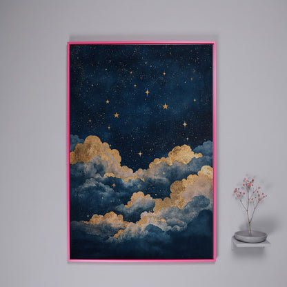Celestial Night Sky Canvas Print with Gold Stars in pink floating frame
