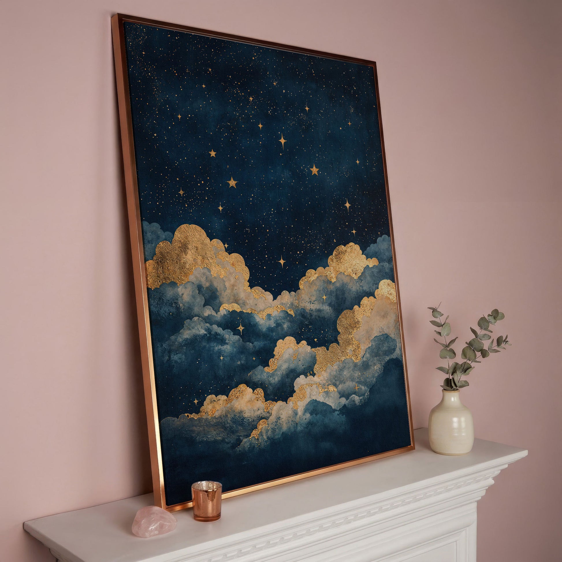 Celestial Night Sky Canvas Print with Gold Stars in rose gold floating frame