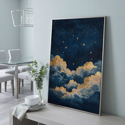 Celestial Night Sky Canvas Print with Gold Stars in silver floating frame