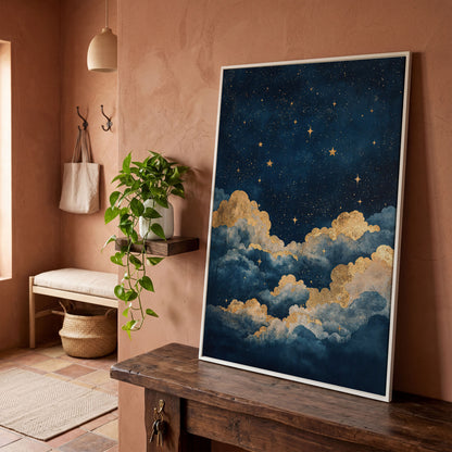 Celestial Night Sky Canvas Print with Gold Stars in white floating frame