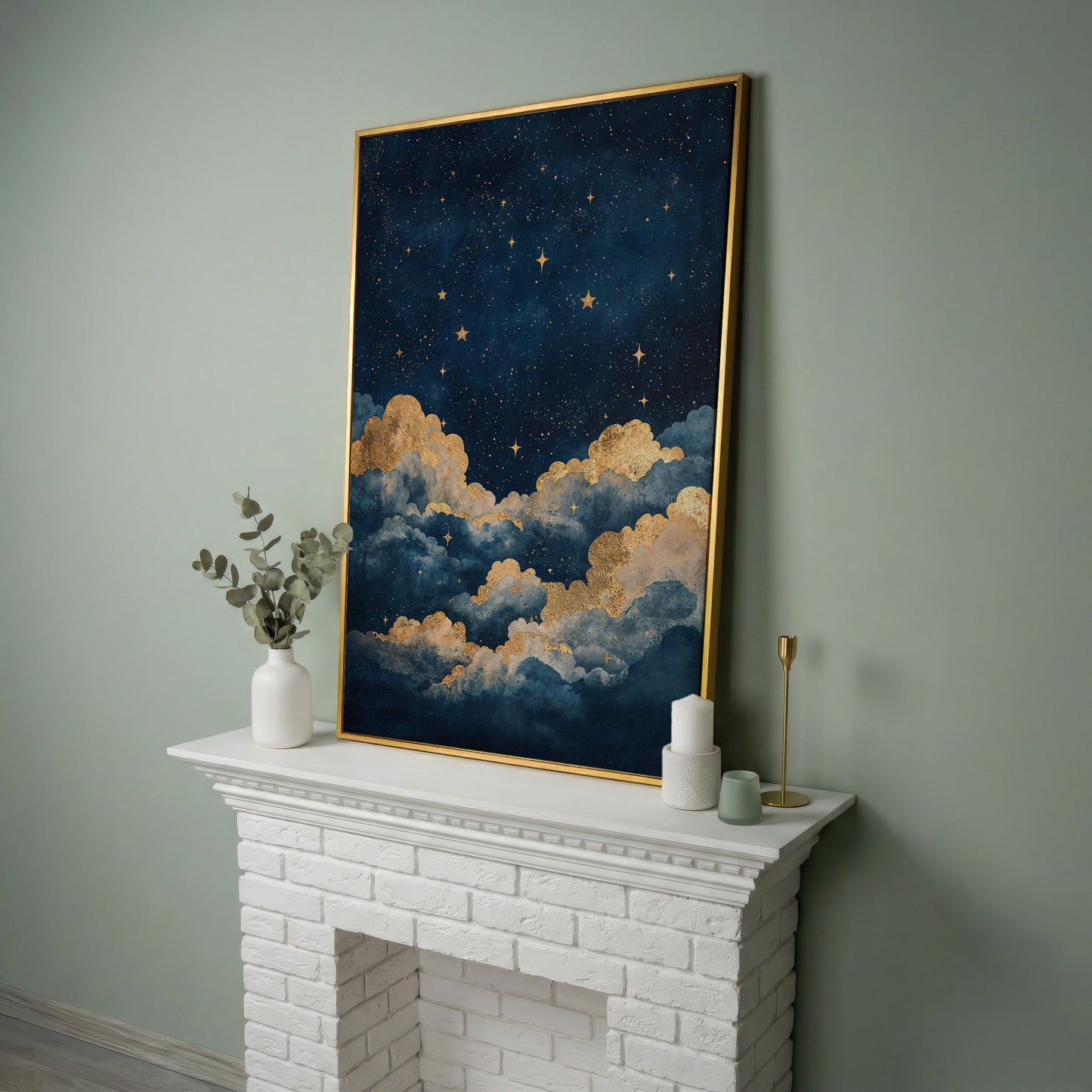 Celestial Night Sky Canvas Print with Gold Stars in yellow gold floating frame