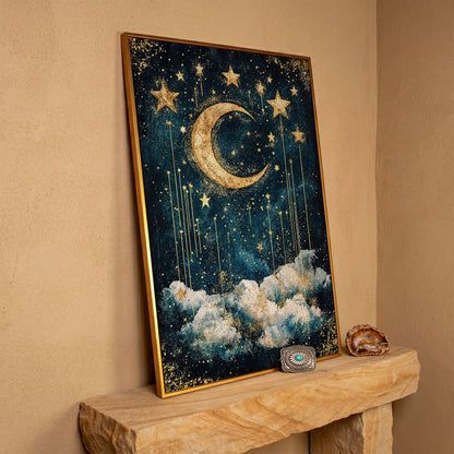 Crescent Moon and Stars Canvas Art for Nursery or Kids' Room in antique gold floating frame