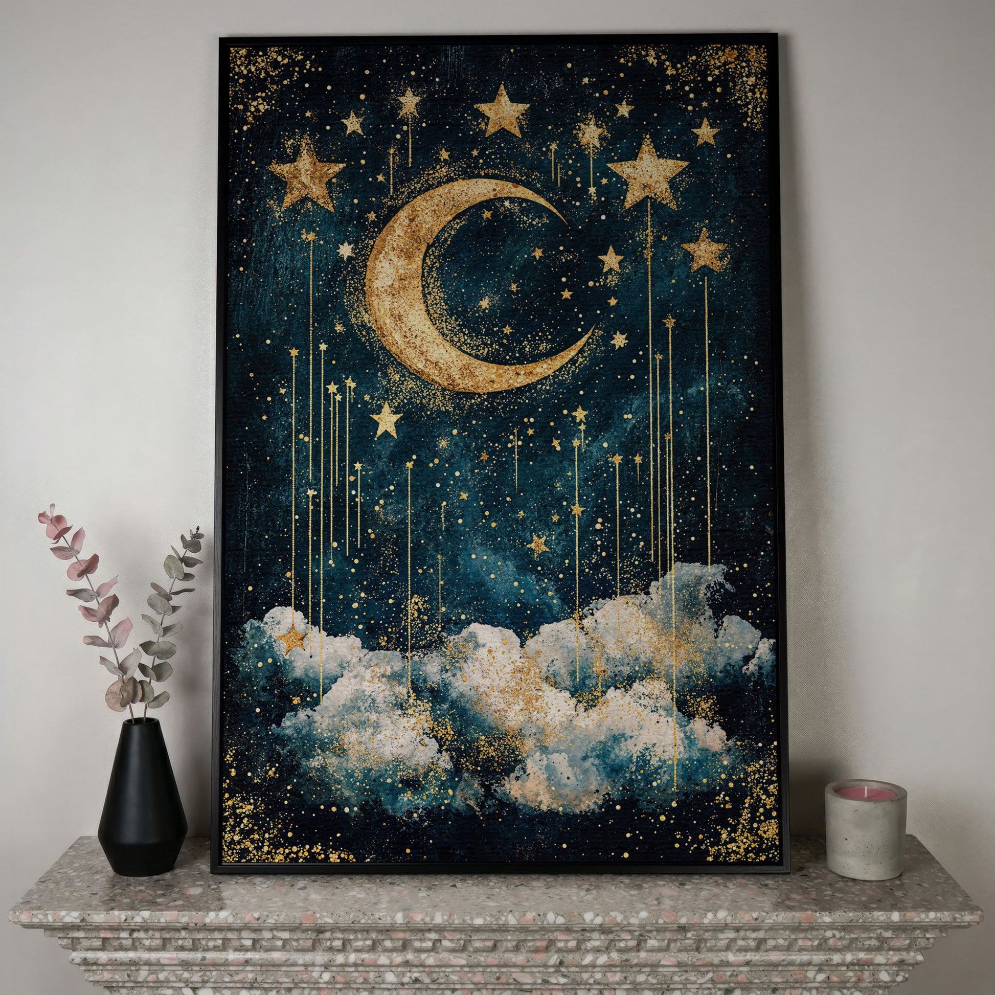 Crescent Moon and Stars Canvas Art for Nursery or Kids' Room in black floating frame