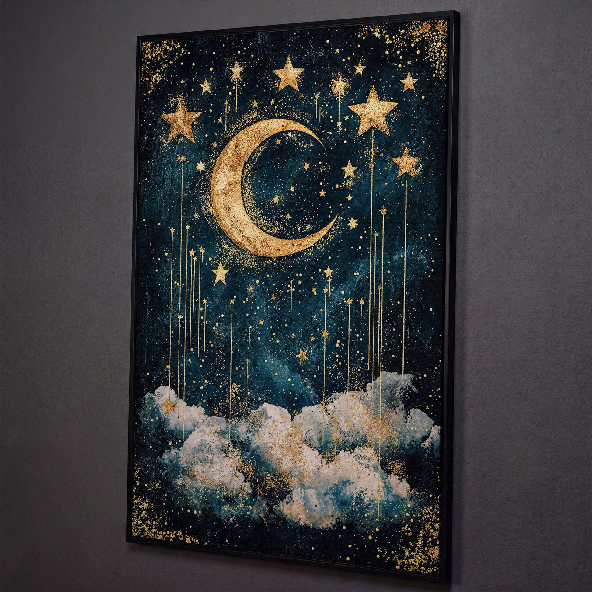 Crescent Moon and Stars Canvas Art for Nursery or Kids' Room shown in black floating frame