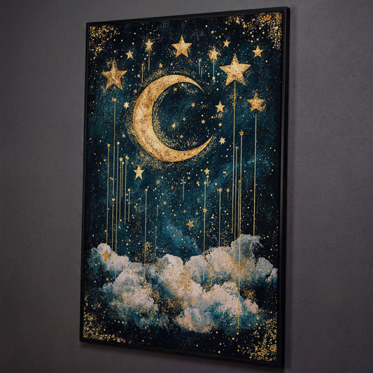 Crescent Moon and Stars Canvas Art for Nursery or Kids' Room shown in black floating frame
