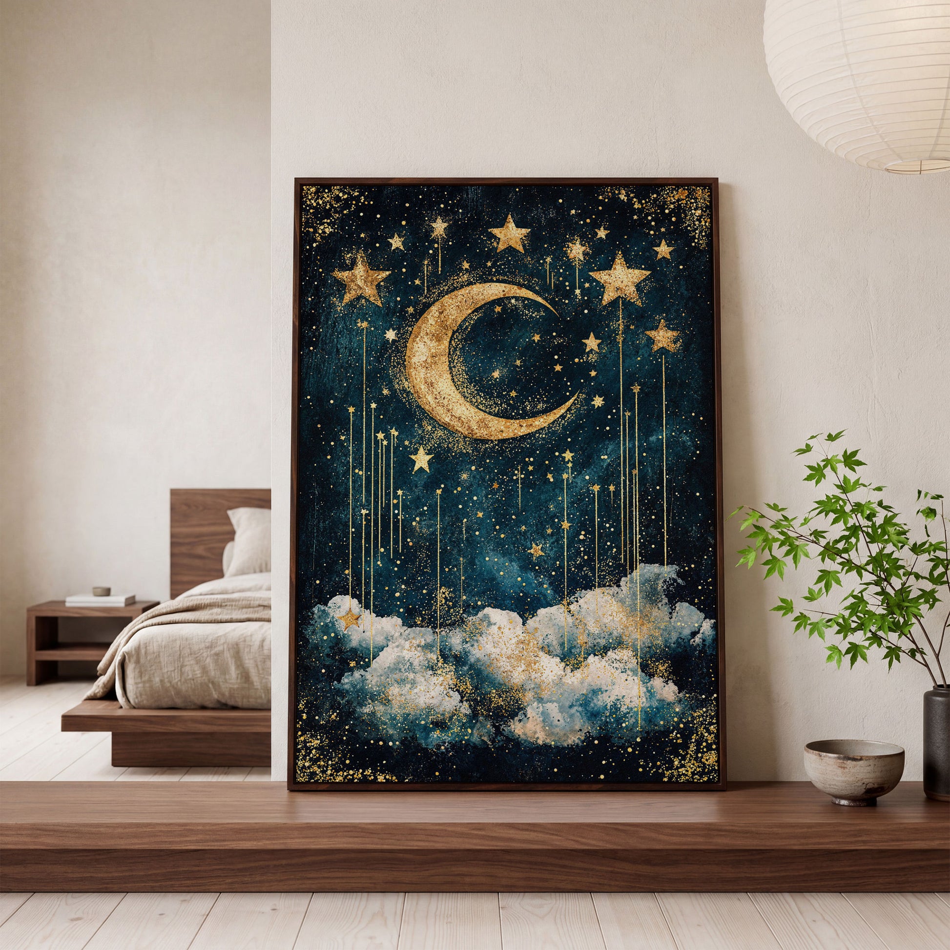Crescent Moon and Stars Canvas Art for Nursery or Kids' Room in dark walnut floating frame