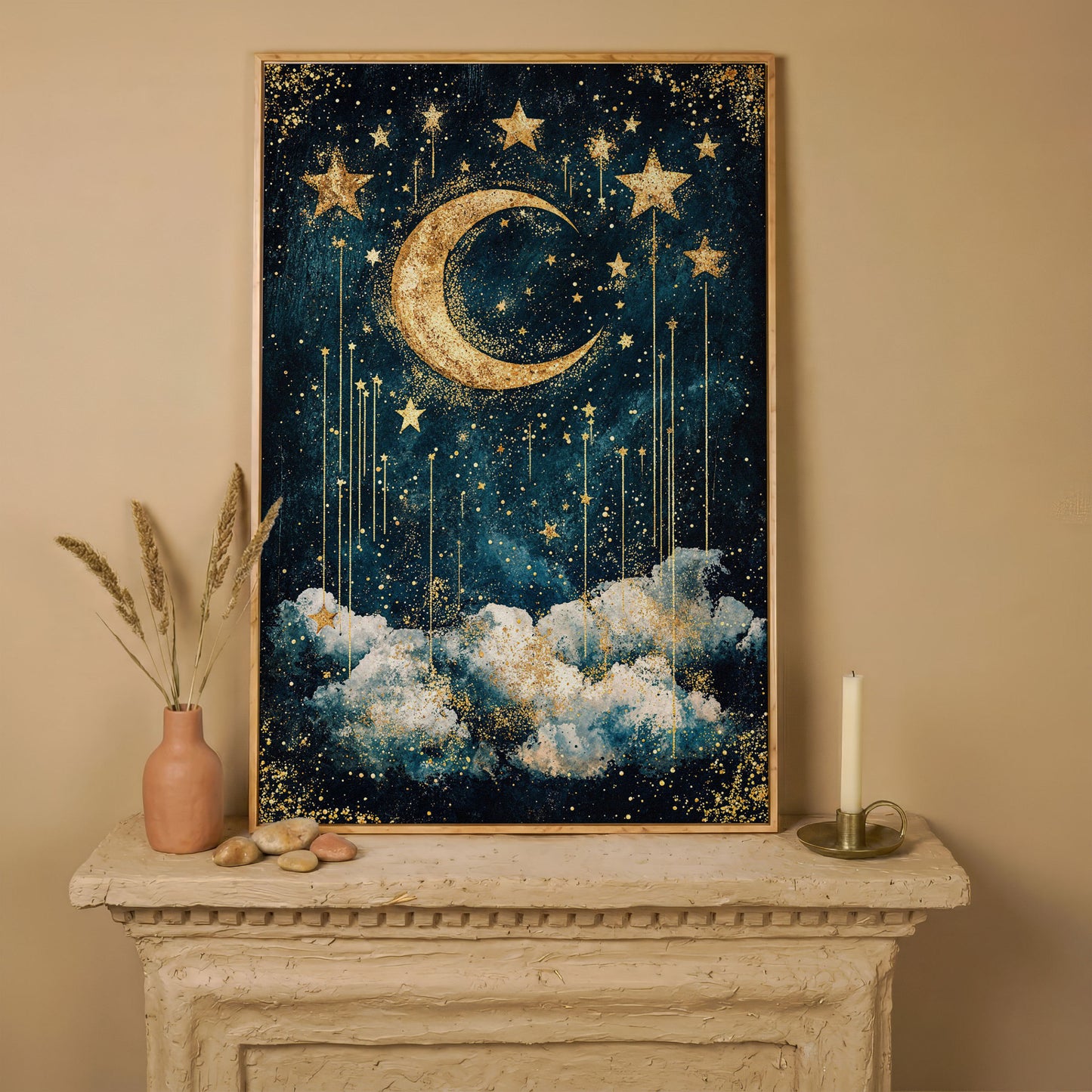 Crescent Moon and Stars Canvas Art for Nursery or Kids' Room in white oak floating frame