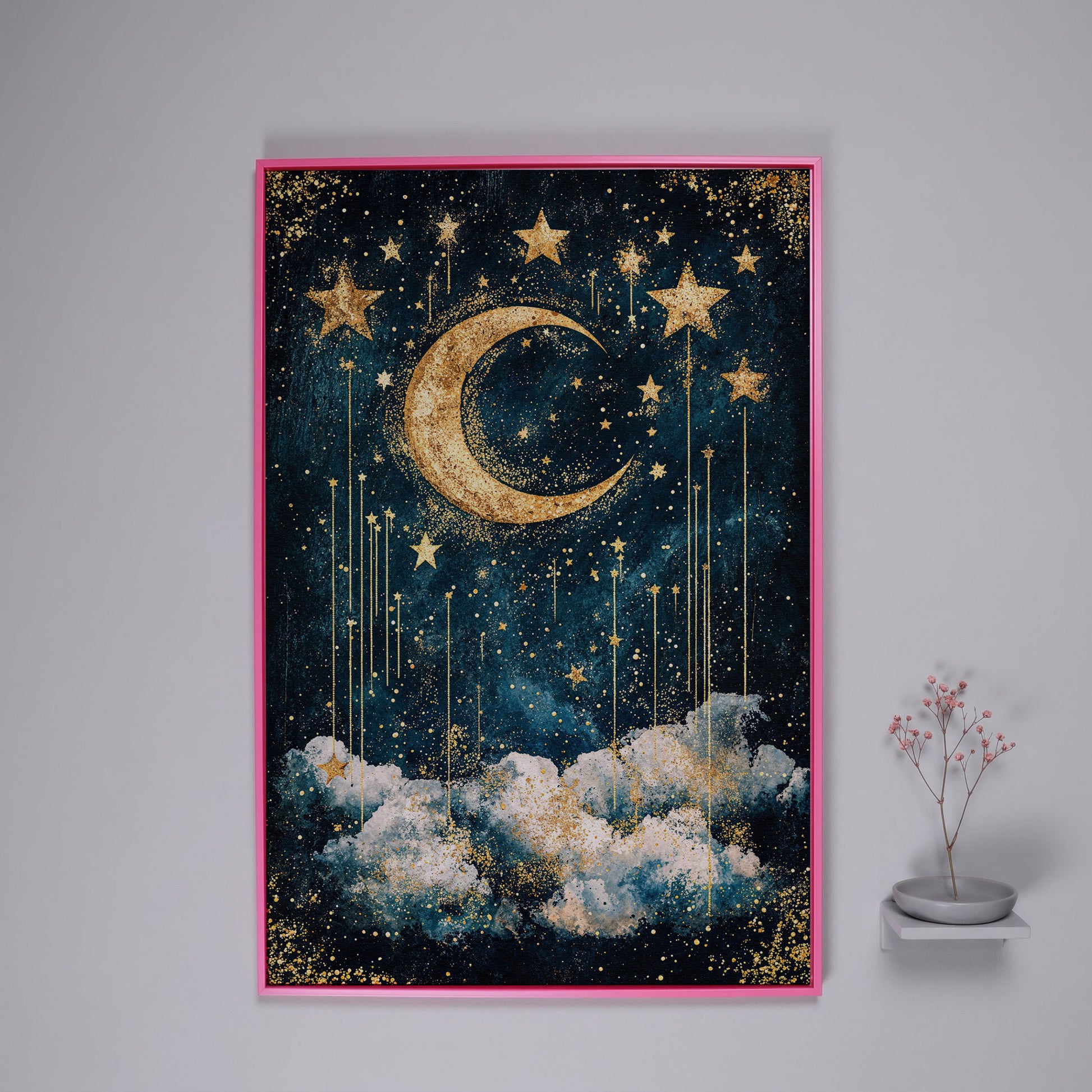 Crescent Moon and Stars Canvas Art for Nursery or Kids' Room in pink floating frame