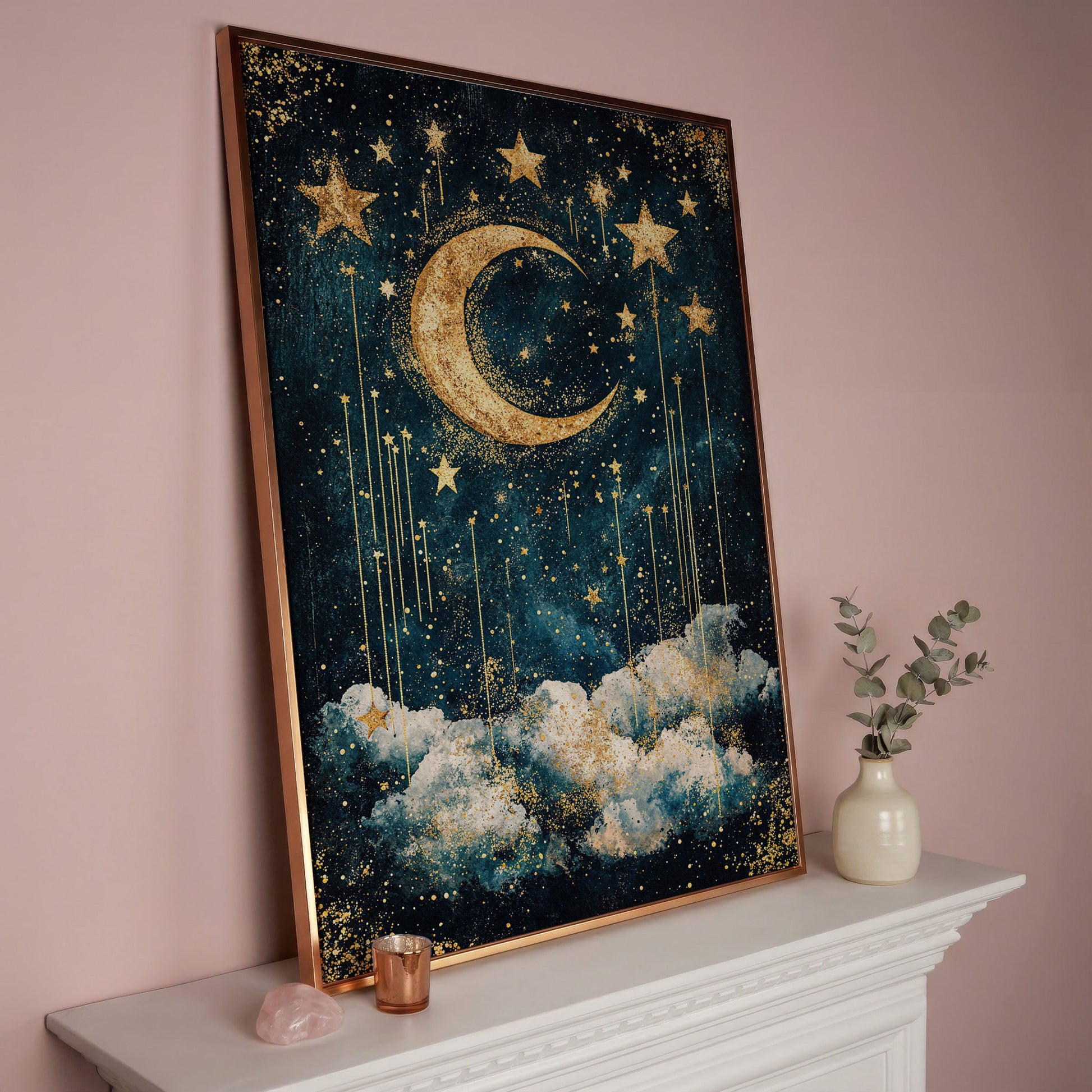 Crescent Moon and Stars Canvas Art for Nursery or Kids' Room in rose gold floating frame