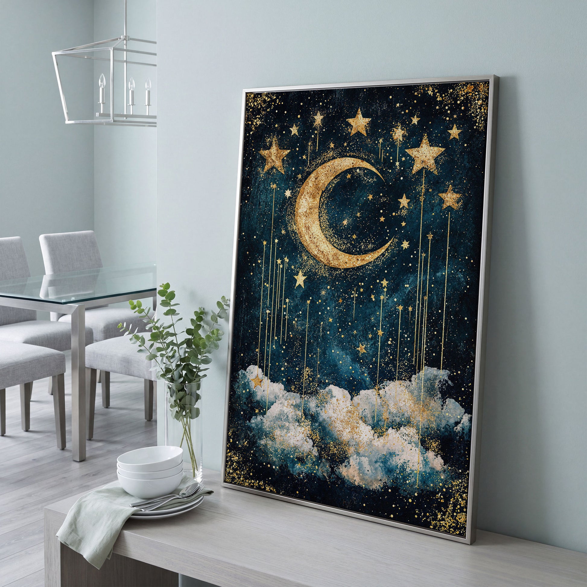 Crescent Moon and Stars Canvas Art for Nursery or Kids' Room in silver floating frame
