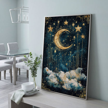 Crescent Moon and Stars Canvas Art for Nursery or Kids' Room in silver floating frame