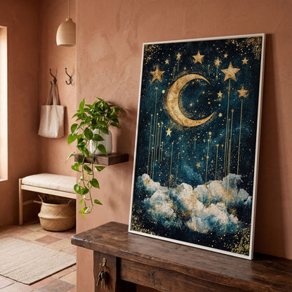 Crescent Moon and Stars Canvas Art for Nursery or Kids' Room in white floating frame