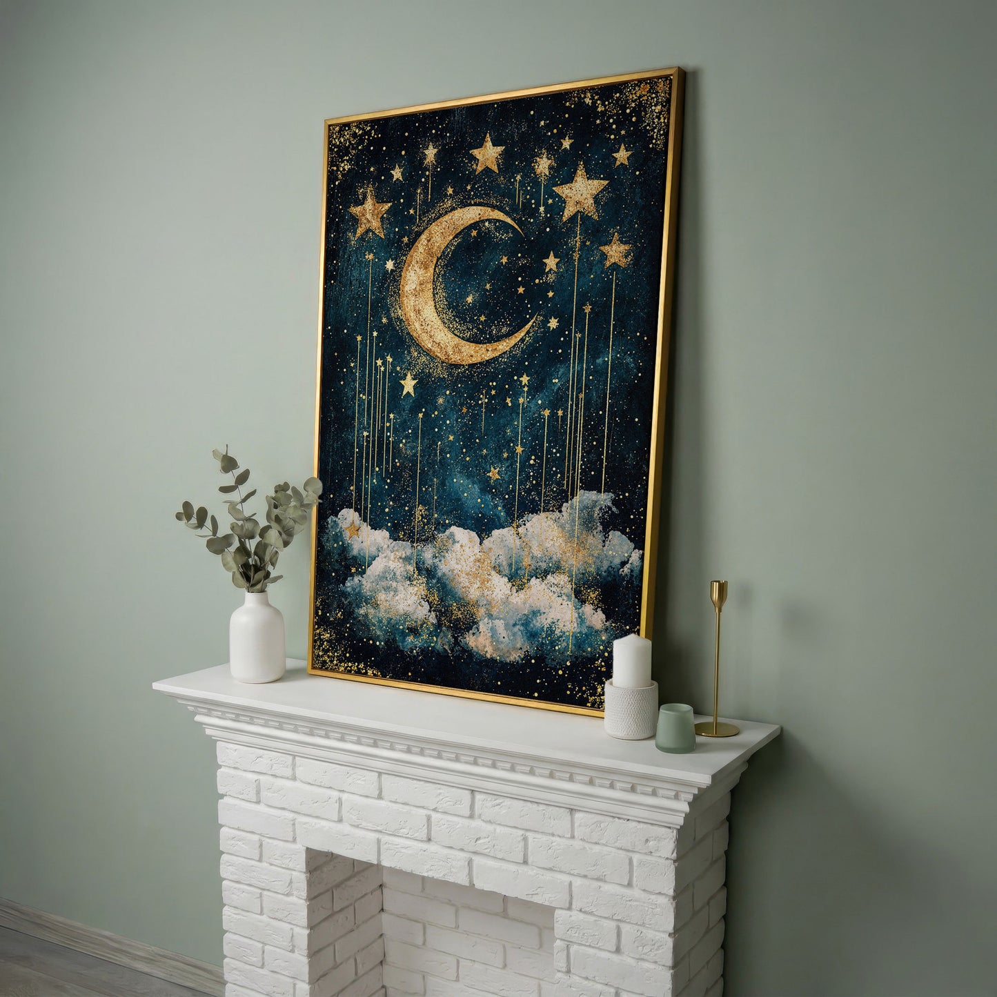 Crescent Moon and Stars Canvas Art for Nursery or Kids' Room in yellow gold floating frame
