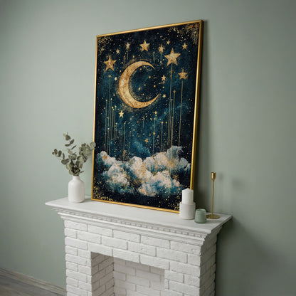 Crescent Moon and Stars Canvas Art for Nursery or Kids' Room in yellow gold floating frame