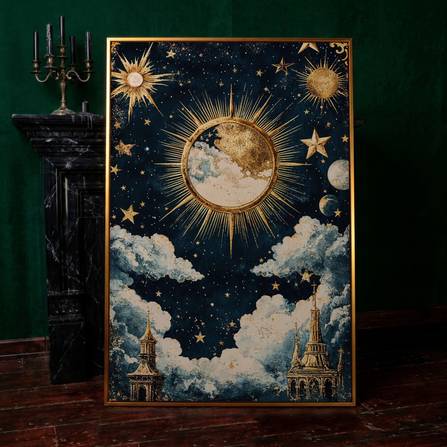 Golden Moon and Starry Sky Canvas Print in antique gold floating frame