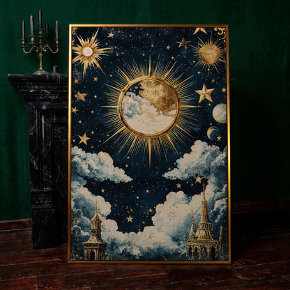 Golden Moon and Starry Sky Canvas Print in antique gold floating frame
