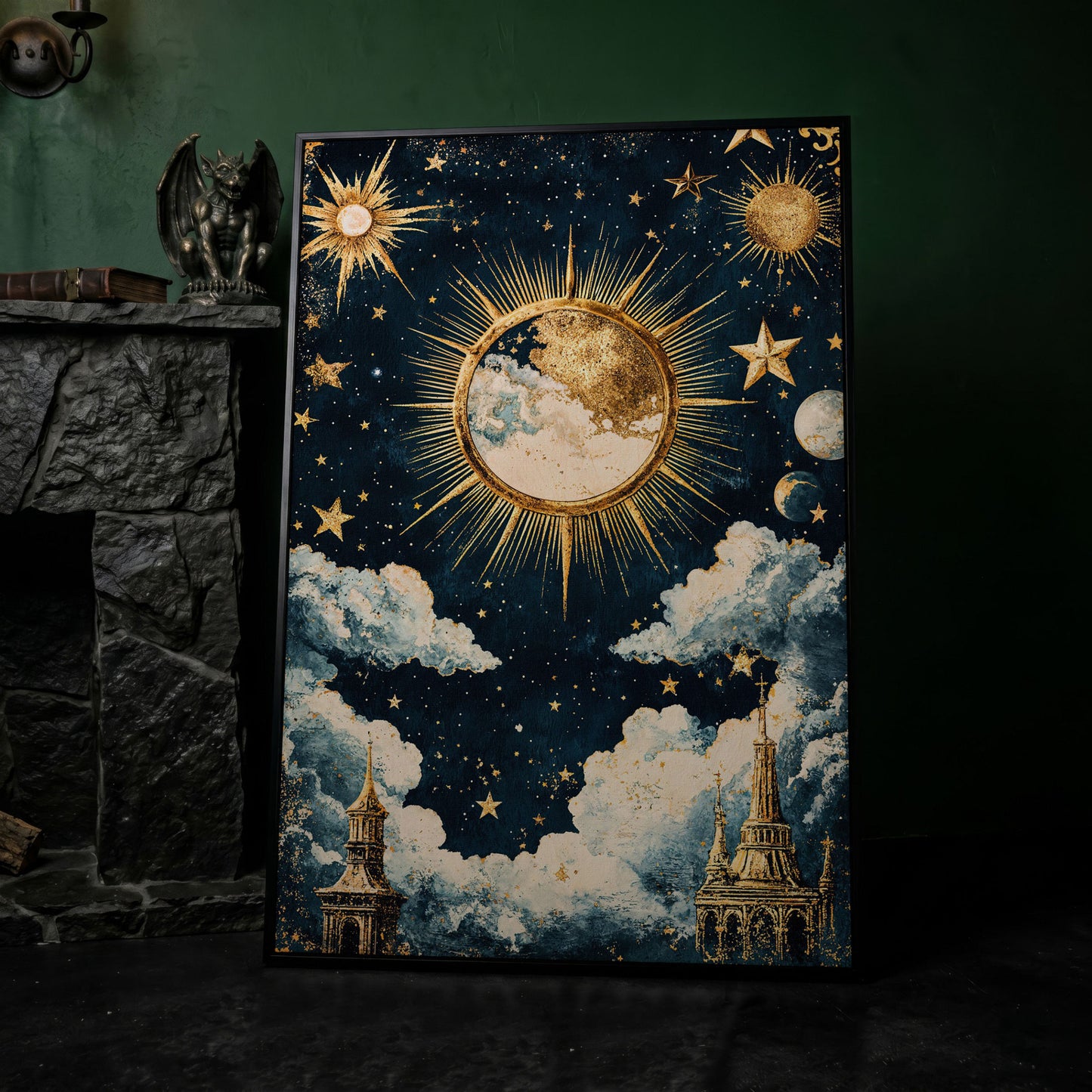 Golden Moon and Starry Sky Canvas Print in black floating frame