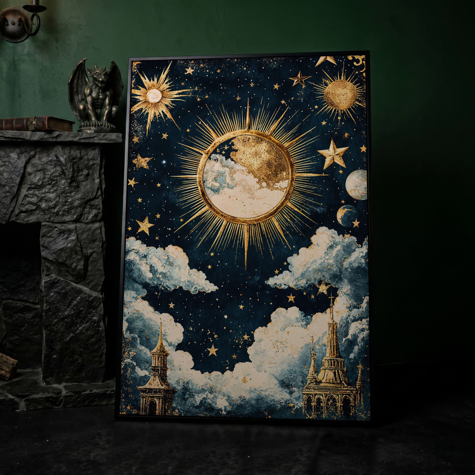 Golden Moon and Starry Sky Canvas Print in black floating frame