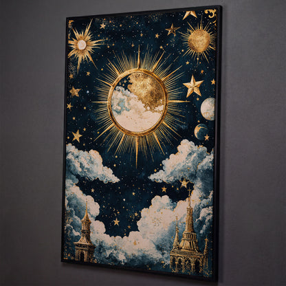 Golden Moon and Starry Sky Canvas Print shown in black floating frame
