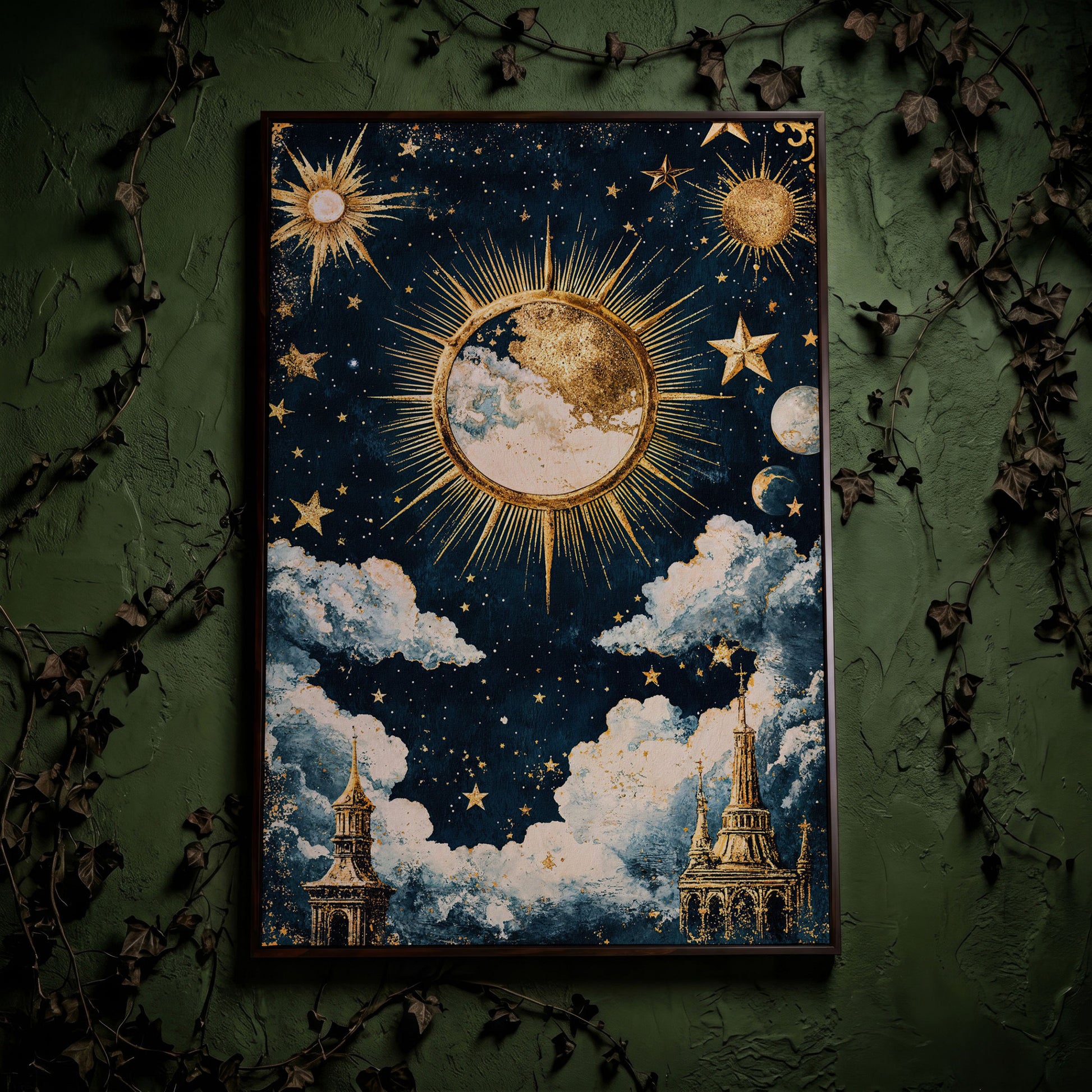 Golden Moon and Starry Sky Canvas Print in dark walnut floating frame