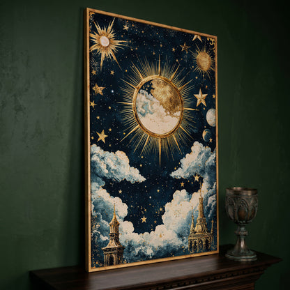 Golden Moon and Starry Sky Canvas Print in white oak floating frame