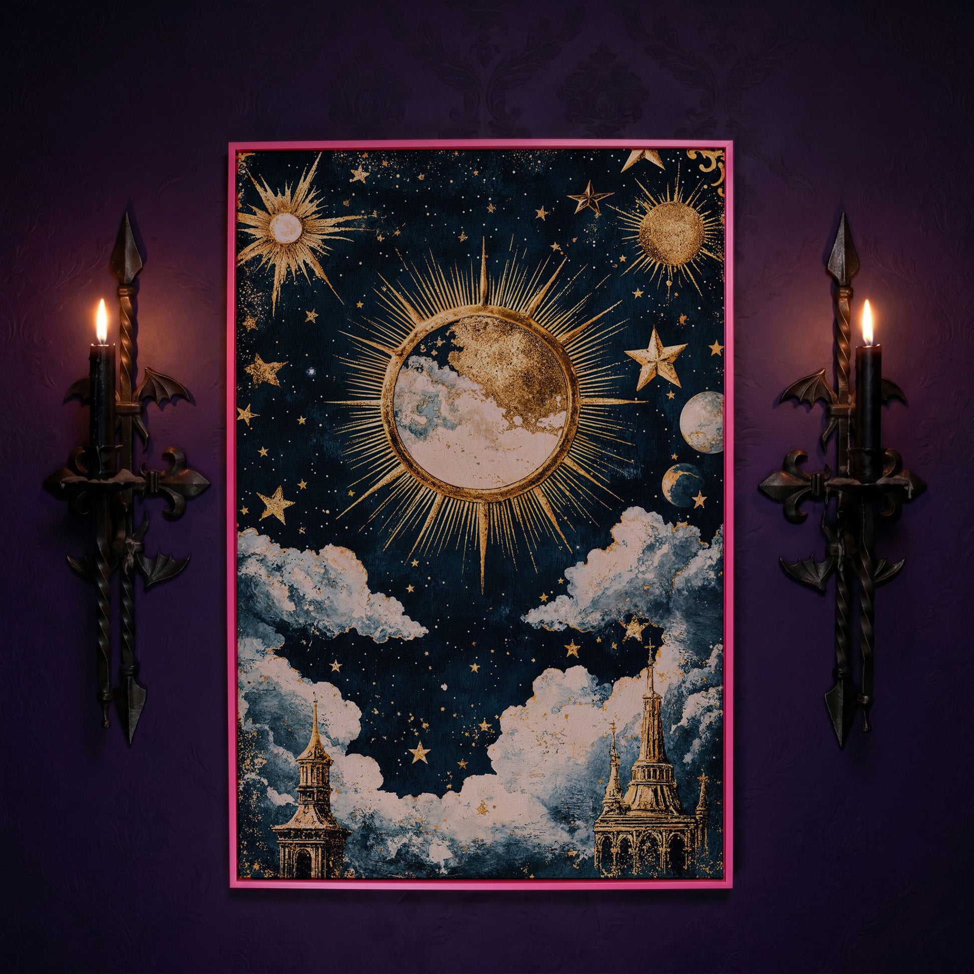 Golden Moon and Starry Sky Canvas Print in pink floating frame