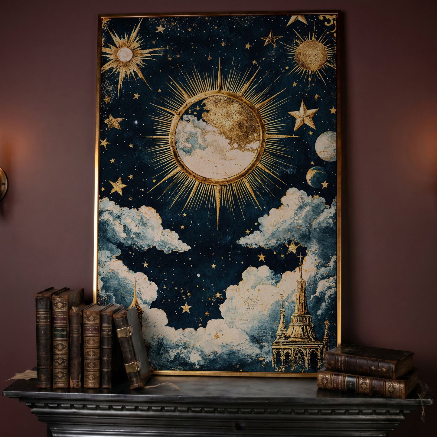Golden Moon and Starry Sky Canvas Print in rose gold floating frame