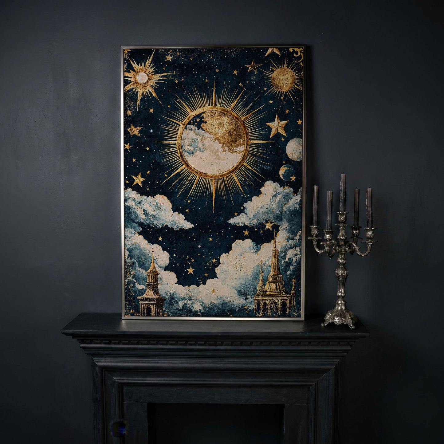 Golden Moon and Starry Sky Canvas Print in silver floating frame