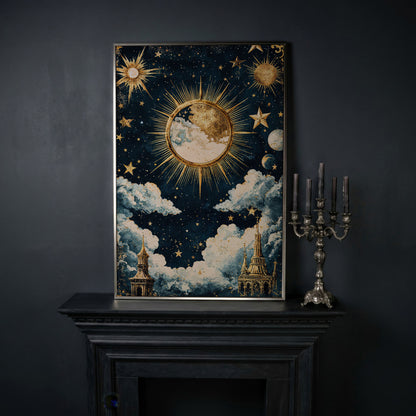 Golden Moon and Starry Sky Canvas Print in silver floating frame