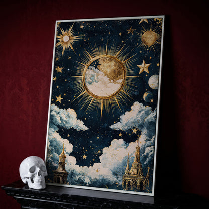 Golden Moon and Starry Sky Canvas Print in white floating frame