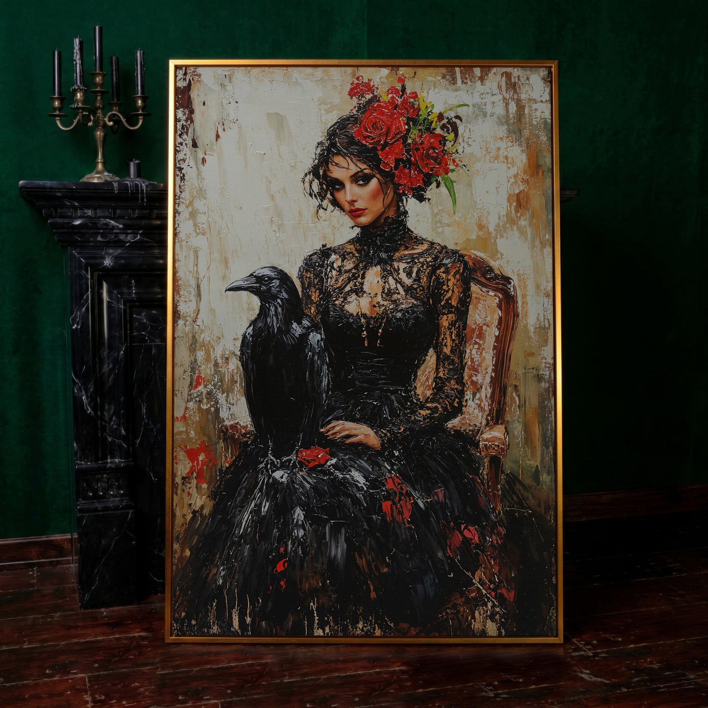 Gothic Portrait with Raven Woman Canvas in antique gold floating frame