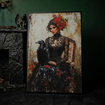 Gothic Portrait with Raven Woman Canvas in black floating frame
