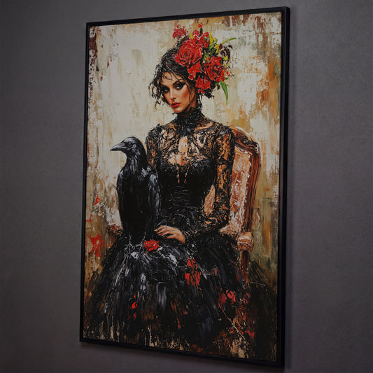 Gothic Portrait with Raven Woman Canvas shown in black floating frame