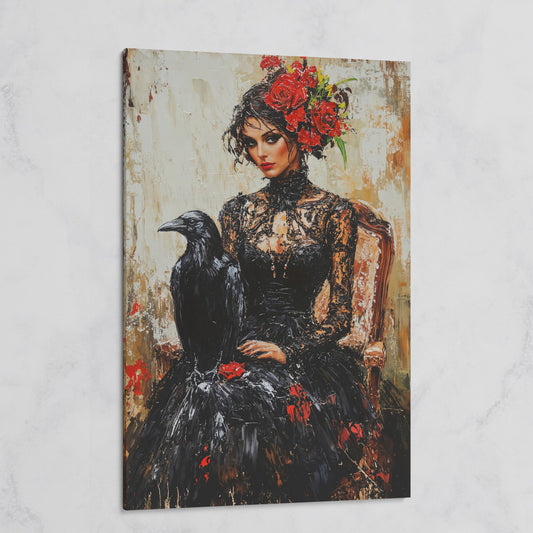 Gothic Portrait with Raven Woman Canvas on gallery wrap