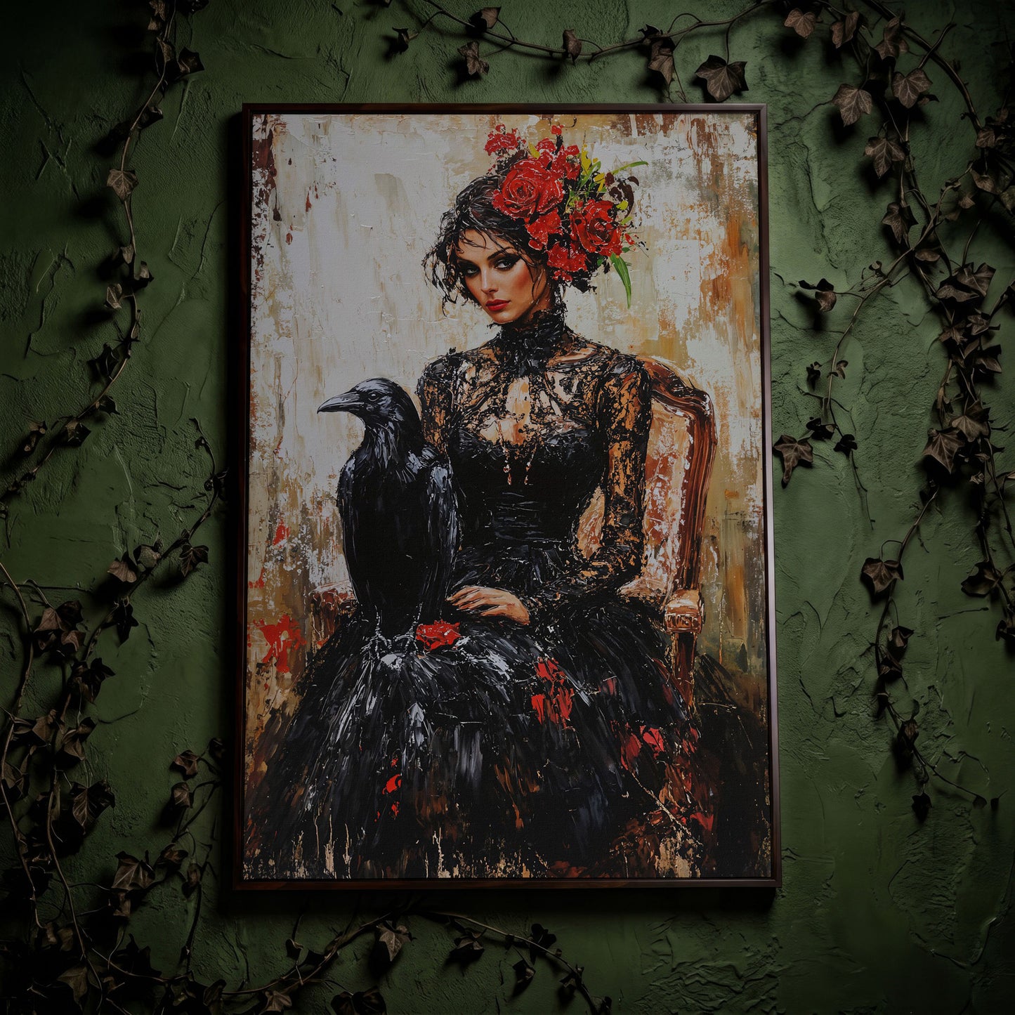 Gothic Portrait with Raven Woman Canvas in dark walnut floating frame