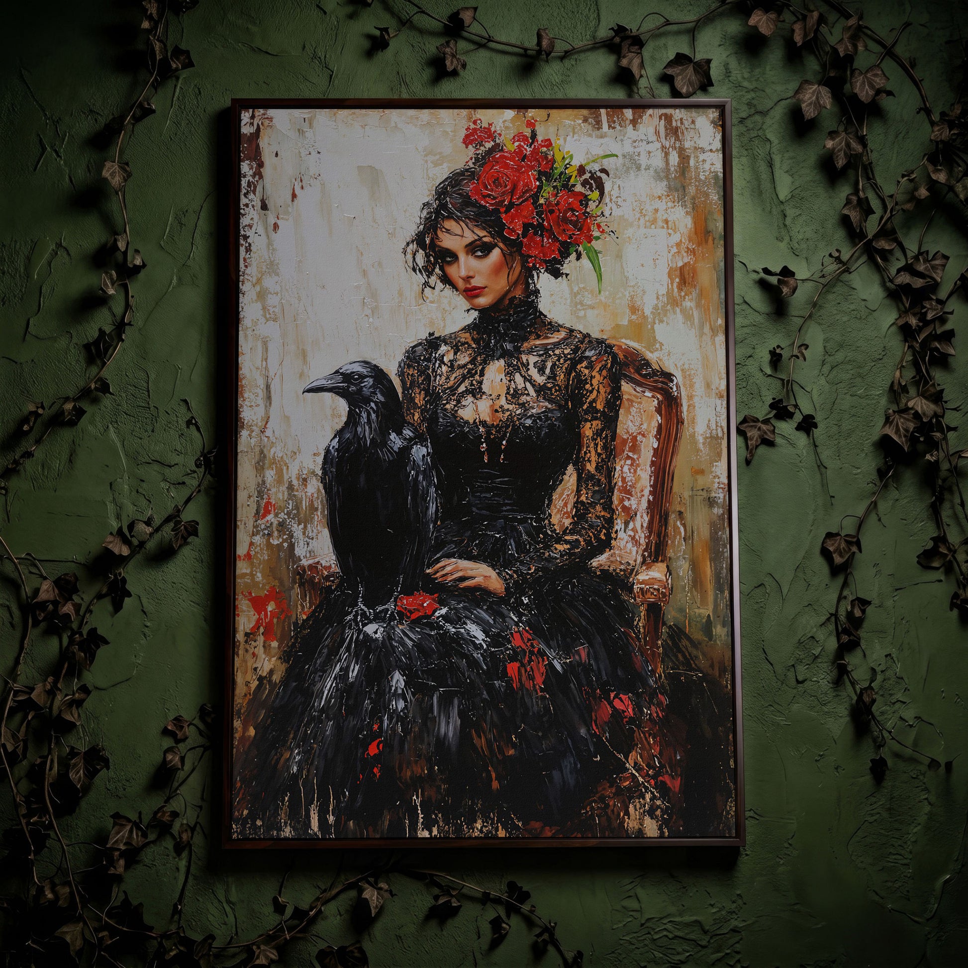 Gothic Portrait with Raven Woman Canvas in dark walnut floating frame