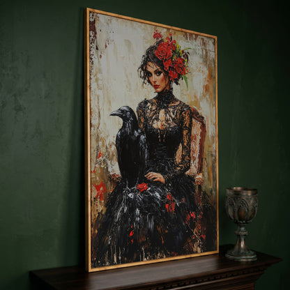 Gothic Portrait with Raven Woman Canvas in white oak floating frame