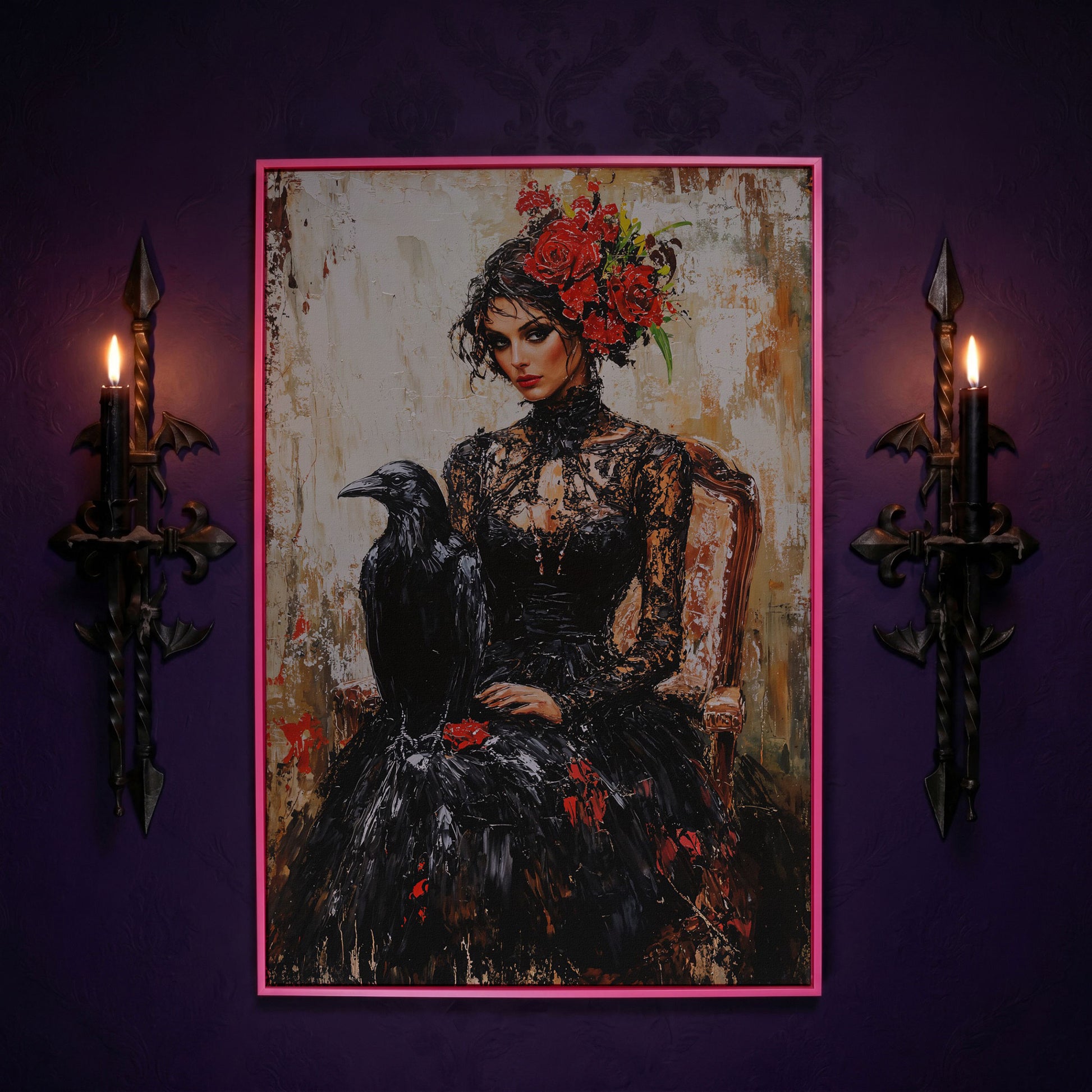 Gothic Portrait with Raven Woman Canvas in pink floating frame